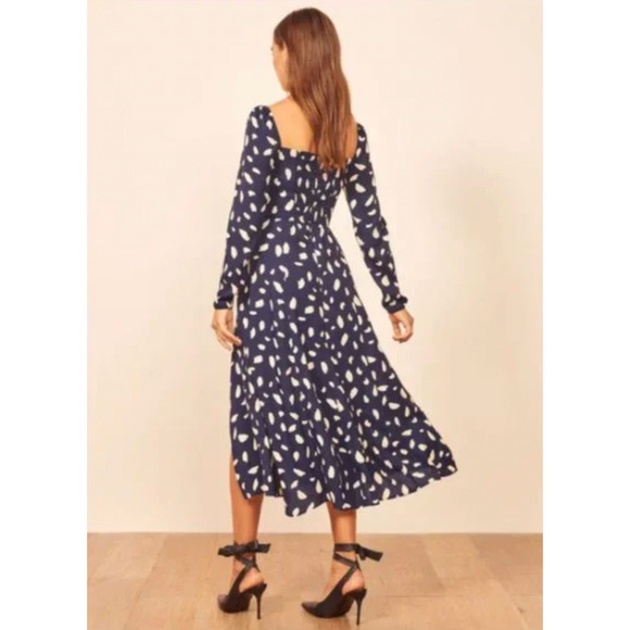 Reformation 0 Iconic Sigmund Dress $248 Long Sleeve Square Neck Midi Navy Blue - Picture 7 of 12